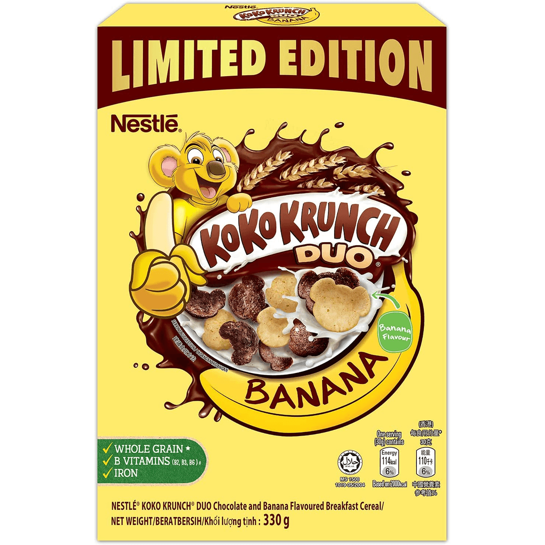 Nestle Koko Krunch Duo Banana | 330g Family Box | Good Source of Iron, Chocolate Cereal
