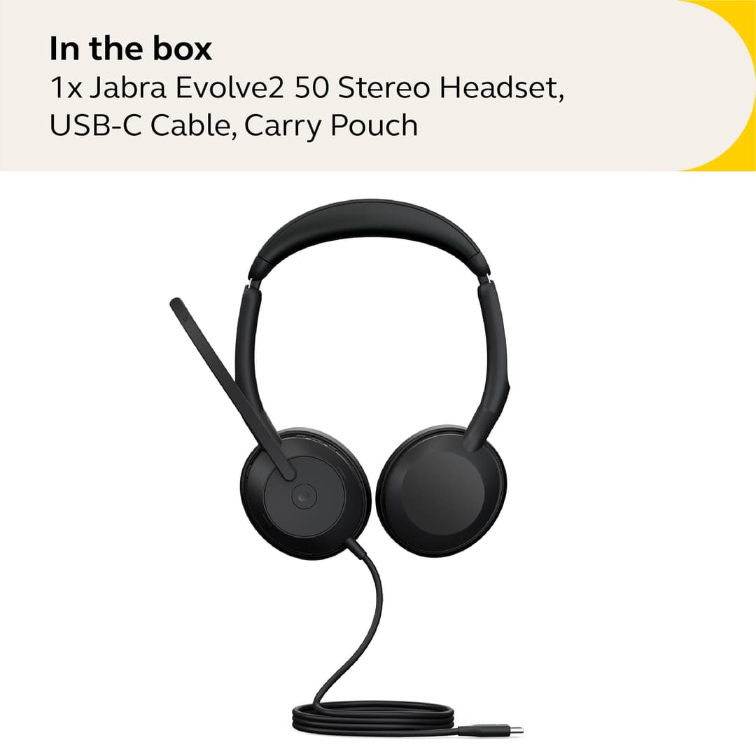 Jabra Evolve2 50 Wired Stereo Headset AirComfort Technology, Noise-Cancelling Mics & Active Noise Cancellation - MS Teams Certified, Works with All Other Platforms - Black