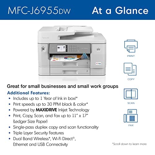 Brother MFC-J6955DW INKvestment Tank Color Inkjet Printer | Wireless All-in-One | 11x17