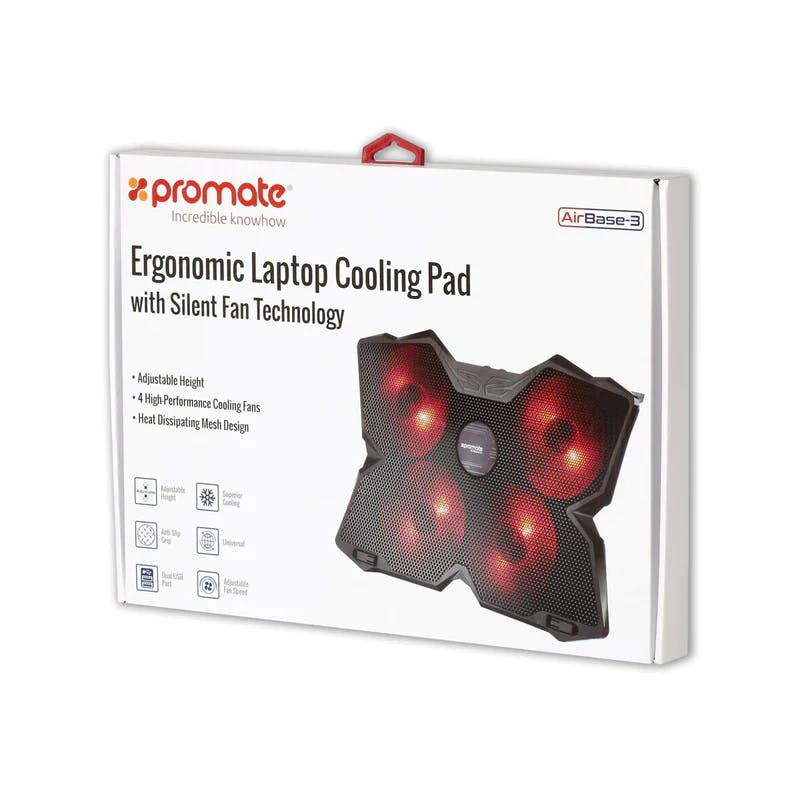 Promate AirBase-3 Height Adjustable Ergonomic Laptop Cooling Pad with Silent Fan Technology (4 High-Speed Cooling Fans)