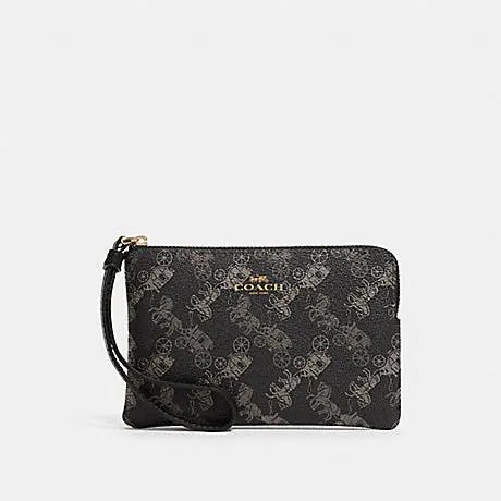 Coach Corner Zip Wristlet With Horse And Carriage Print (Black)