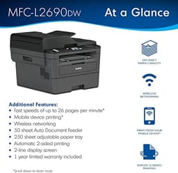 Brother MFC L26 Series Compact Monochrome All-in-One Laser Printer, Automatic Duplex Printing, 250 Sheets, Wireless, Mobile Printing, with MTC Printer Cable
