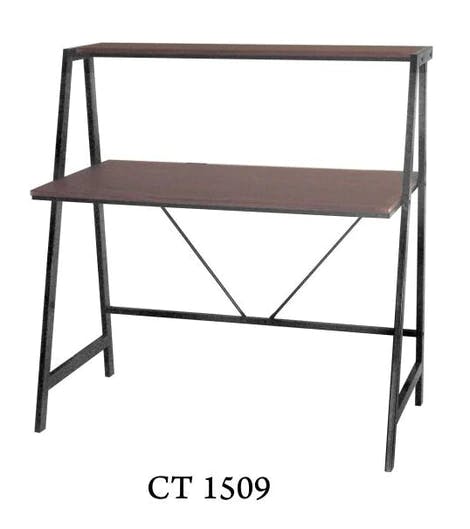 Sleek Computer Table in Black Steel Frame, Laminated Dark Walnut TableTop with Shelf Ledge