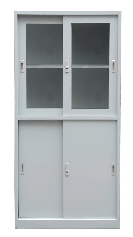 Cubix Steel Storage Cabinet, Top See-Thru Sliding Door, Bottom Steel Sliding Door, Light Gray
