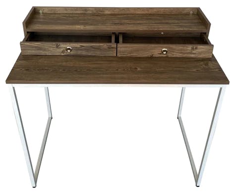 Computer Study Table in White Metal Frame with Drawers; Medium Oak Color