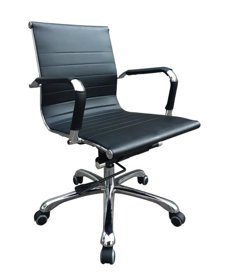 Designer Midback Chair with Chrome Armrest and Base, PU Leather Black