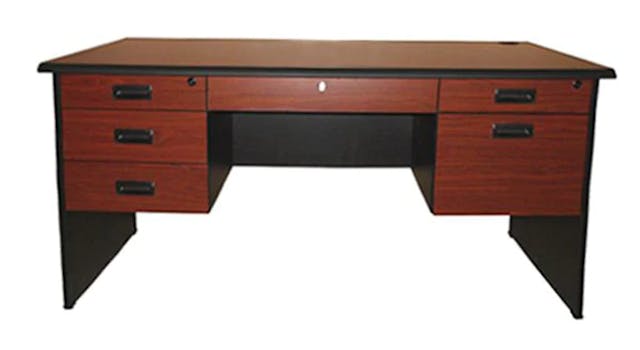 Modern Office Table with Center and Double Pedestal Drawers and Cabinet, Cherry Walnut