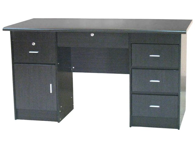 Modern Office Table with Center and Double Pedestal Drawers and Cabinet, Wenge