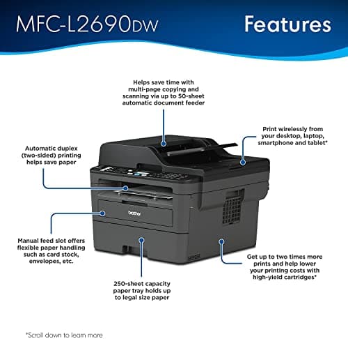 Brother MFC L26 Series Compact Monochrome All-in-One Laser Printer, Automatic Duplex Printing, 250 Sheets, Wireless, Mobile Printing, with MTC Printer Cable