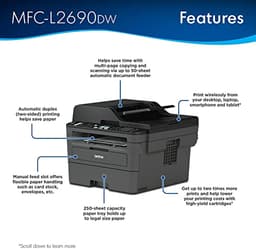 Brother MFC L26 Series Compact Monochrome All-in-One Laser Printer, Automatic Duplex Printing, 250 Sheets, Wireless, Mobile Printing, with MTC Printer Cable