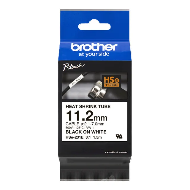 Brother HSE-231E Heat Shrink Tube Tape, Black on White, 12mm