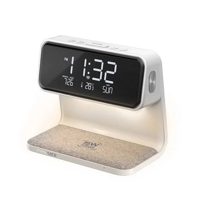 Promate Lumix-15W 3-in-1 Multi-Function LED Alarm Clock with 15W Wireless Charger with Dual Alarm with Snooze Function and 12Hr/24Hr Time Format