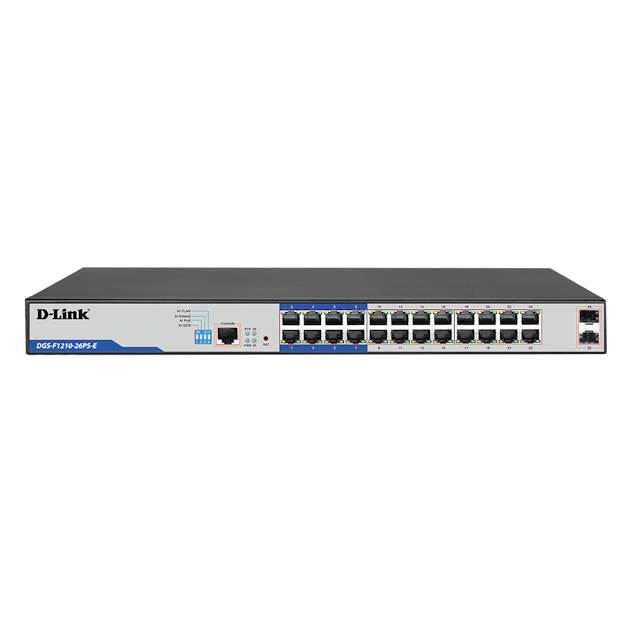 D-Link DGS-F1210-26PS-E 26-Port Gigabit Smart Managed PoE+ Switch with 24 PoE+ Ports (8 Long Reach 250m) and 2 SFP Ports