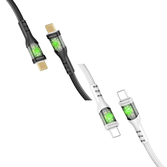 Promate TransLine-CC 60W Power Delivery Ultra-Fast USB-C Cable with Transparent Shells and 25000+ Bend Lifespan