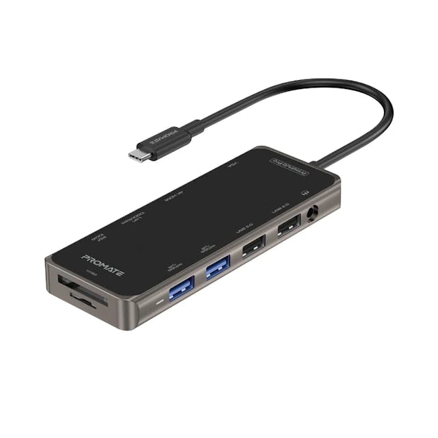 Promate PrimeHub-Pro Ultra-Fast Multiport 11-in-1 USB-C Hub with 100W Power Delivery, USB 3.0 & USB 2.0 Ports, and 1000Mbps LAN
