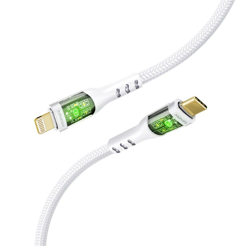 Promate TransLine-Ci 27W Power Delivery USB-C to Lightning Cable with Transparent Shells and 25000+ Bend Lifespan