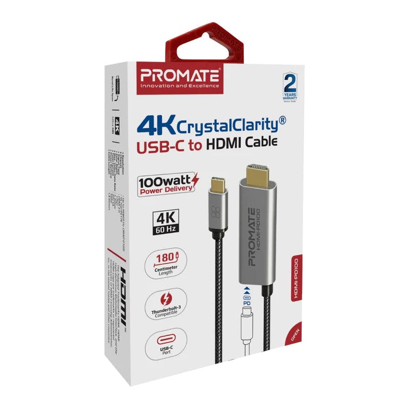 Promate HDMI-PD100 4K@60Hz CrystalClarity USB-C to HDMI Cable ThunderBolt 3 Compatible