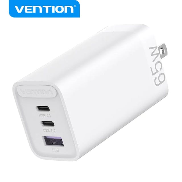 VENTION FEDW0-US 65W GaN USB C Wall Charger 3 Port - Fast Charger Power Adapter (White)