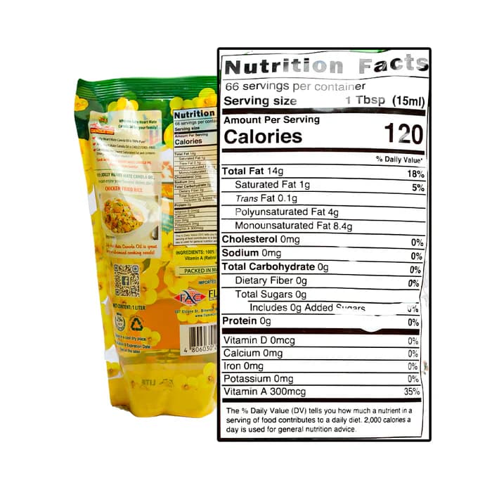 Jolly Heart Mate Canola Oil 1L SUP Cholesterol-Free Heart-Healthy Cooking Oil Pouch