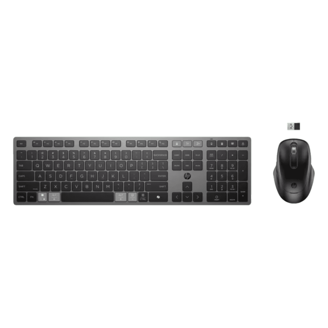 HP 725 Multi-Device Rechargeable Wireless Keyboard and Mouse Combo A/P with Bluetooth & USB Wireless for Business Productivity