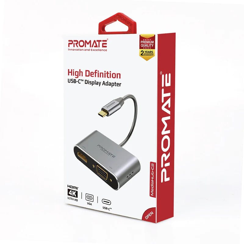 Promate MediaHub-C2 High Definition USB-C Display Adapter, 4K HDMI Video Support, and 1080p VGA Support