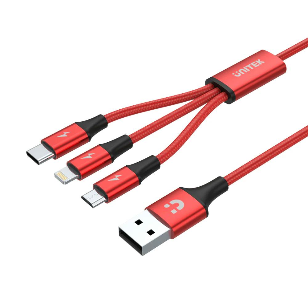 Unitek C4049RD  3-in-1 USB-A to USB-C / Micro USB / Lightning Multi Charging Cable (Red Edition) 1.2M