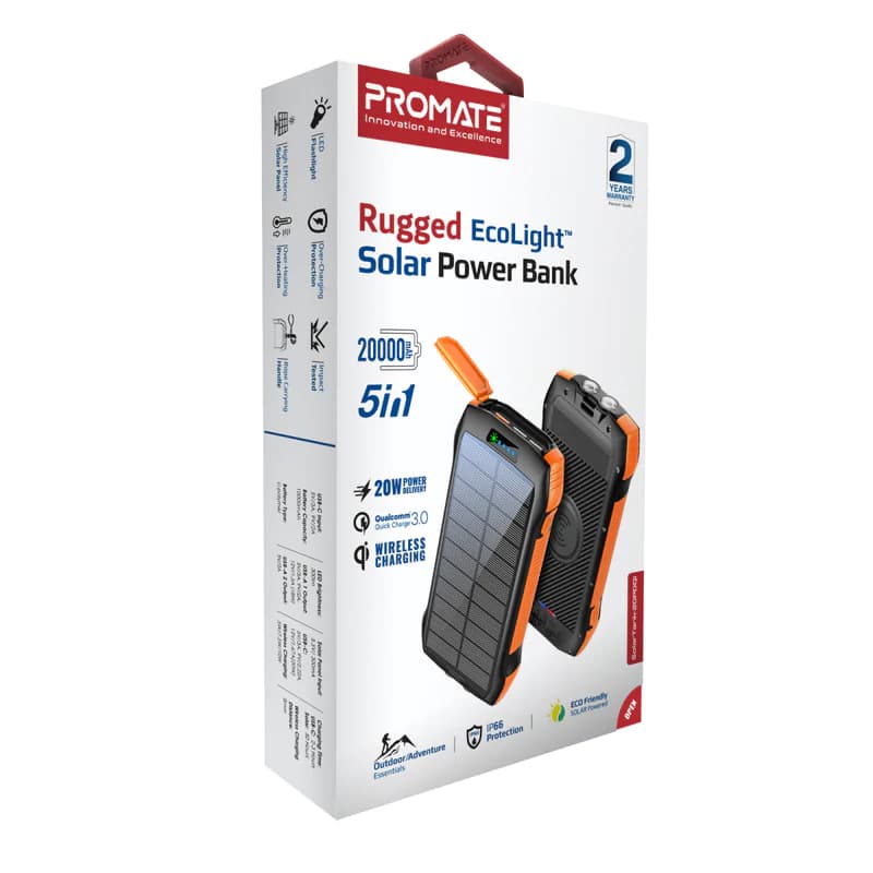 Promate SolarTank-20PDQi 20000mAh Rugged EcoLight™ Solar Power Bank with 4USB Ports, 10W Wireless Charging, Dual Charging Input, and 550lm LED Flash Light