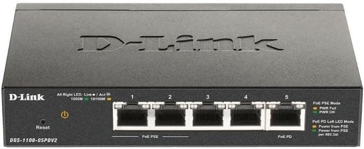 D-Link DGS-1100-05PDV2 Ethernet PoE Switch, 5 Port Smart Managed Layer 2 Network Gigabit Wireless Internet Power Over Ethernet