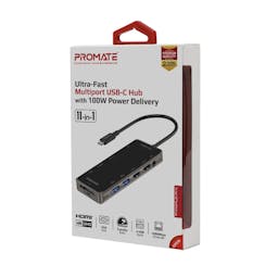 Promate PrimeHub-Pro Ultra-Fast Multiport 11-in-1 USB-C Hub with 100W Power Delivery, USB 3.0 & USB 2.0 Ports, and 1000Mbps LAN