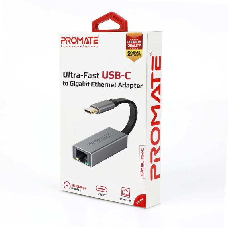 Promate GigaLink-C High Speed USB-C to Gigabit Ethernet Adapter (Supports All USB Devices: Laptops, Tablets & Mobile)