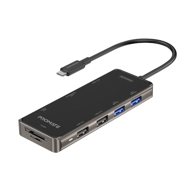 Promate PrimeHub-Go Compact 9-in-1 Multiport USB-C Hub with 100W Power Delivery with USB 3.0 & USB 2.0 Ports, SD/TF Card, and 4K KHDMI (Plug & Play)