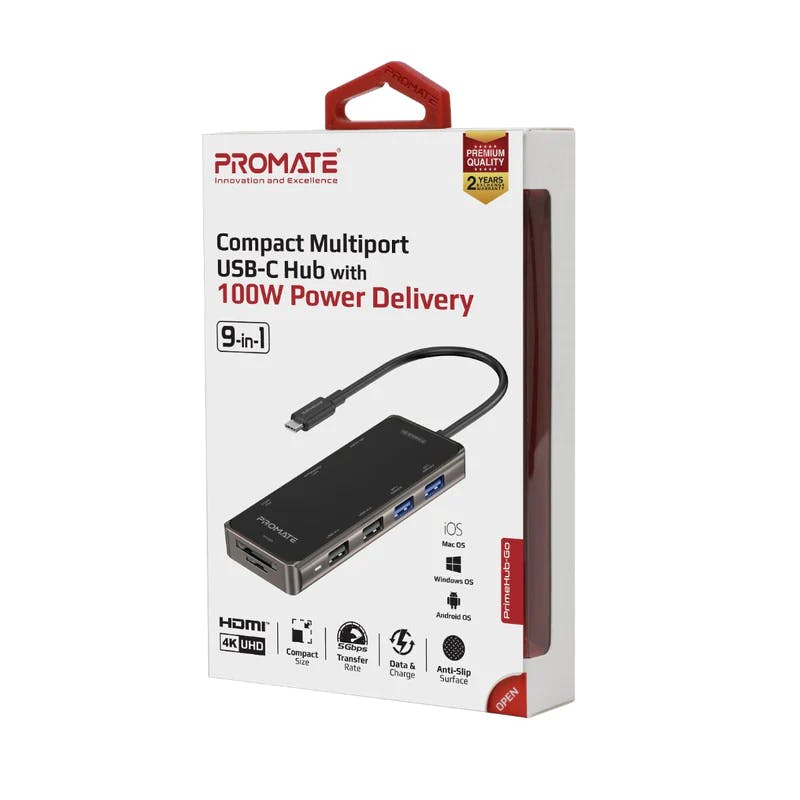 Promate PrimeHub-Go Compact 9-in-1 Multiport USB-C Hub with 100W Power Delivery with USB 3.0 & USB 2.0 Ports, SD/TF Card, and 4K KHDMI (Plug & Play)