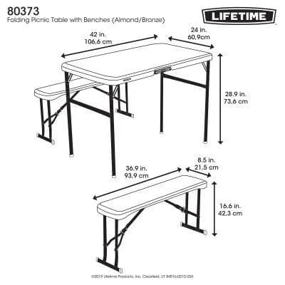 Lifetime 42" Almond Picnic Table & Bench Combo | Portable Folding Set | Model 80373