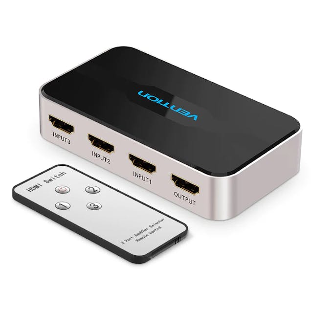 Vention 3 in 1 out HDMI Switcher 4K 30Hz Aluminum Alloy Splitter 5V/1A with Remote Control (AFFH0)