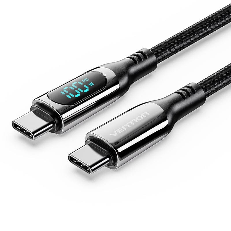 Vention Cotton Braided USB 2.0 C Male to C Male 5A Cable With LED Display Black Zinc Alloy Type | 1.2M
