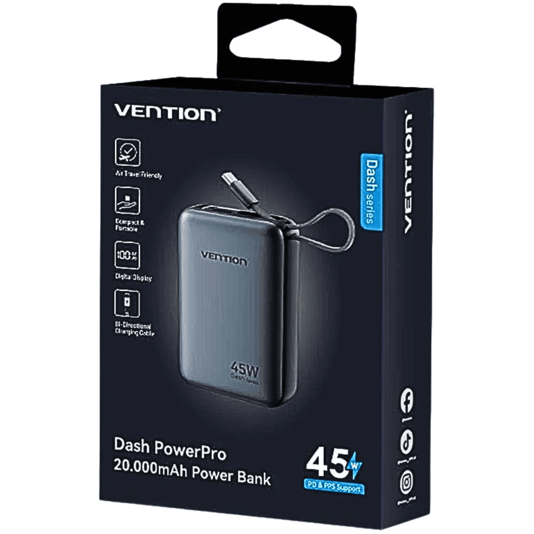 Vention 20000mAh Power Bank | 45W PD Fast Charging Built-in USB-C Cable