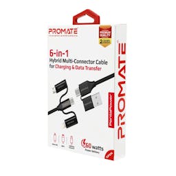 Promate PentaPower 6-in-1 Hybrid Multi-Connector Cable for Charging & Data Transfer with 60W Power Delivery USB-C to USB-C