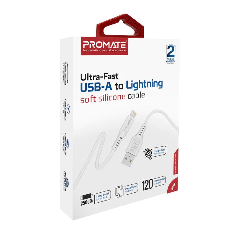 Promate PowerLink-Ai120 Ultra-Fast USB-A to Lightning Soft Silicon Cable with 2.4A Charging and 25000+ Bend Tested