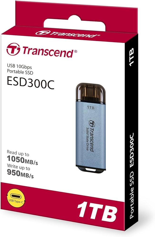 Transcend TS1TESD300C/S 1TB USB External SSD, ESD300C, USB 10Gbps, Type C