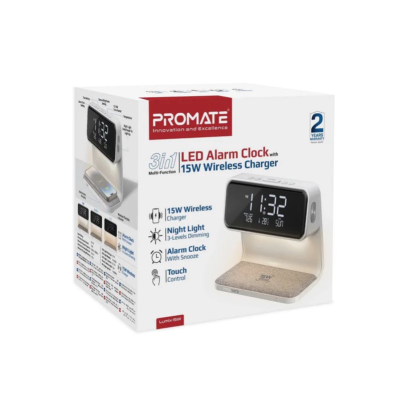 Promate Lumix-15W 3-in-1 Multi-Function LED Alarm Clock with 15W Wireless Charger with Dual Alarm with Snooze Function and 12Hr/24Hr Time Format