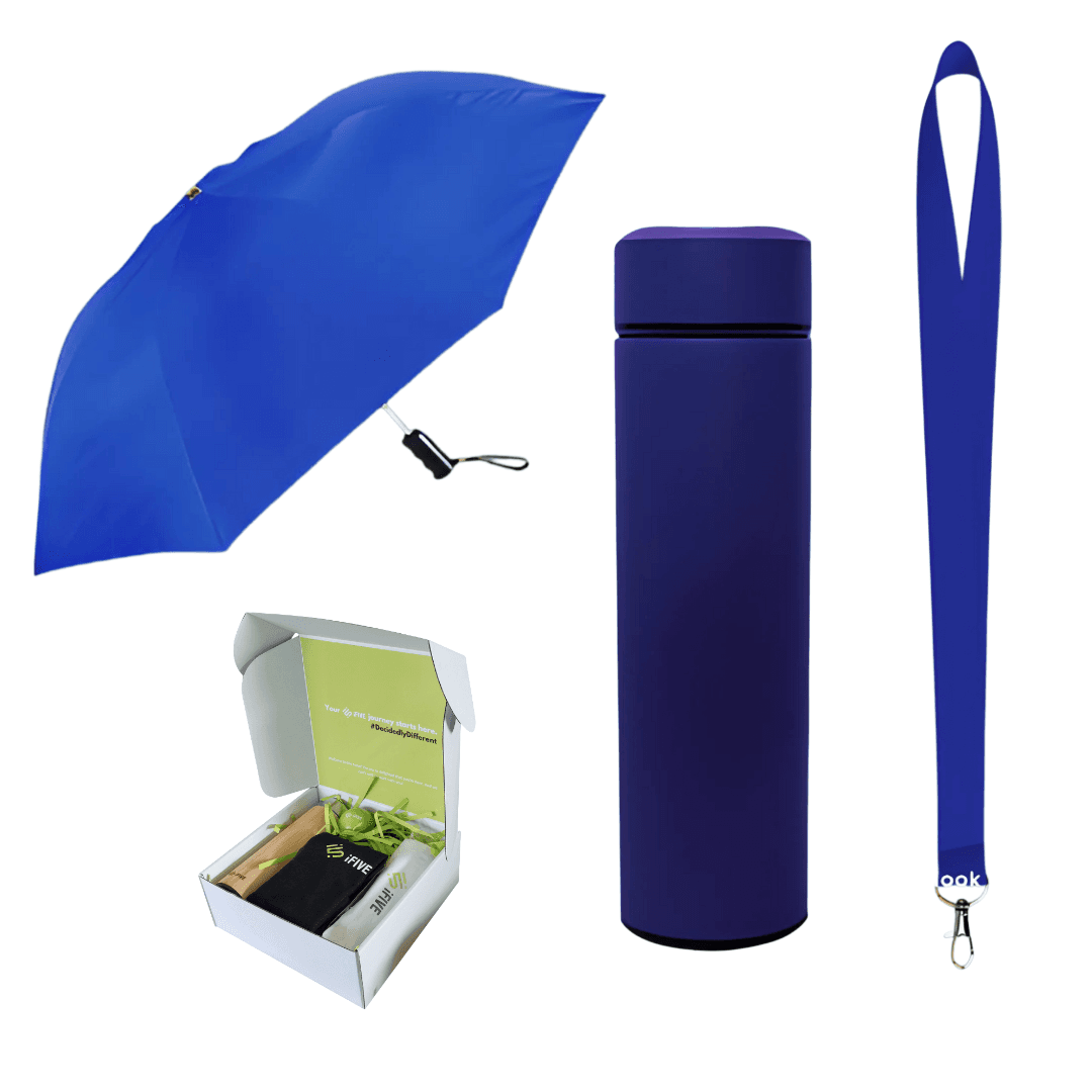 India Corporate Gift Set | ID Lace, 3-Fold Auto Umbrella, 500ml Stainless Tumbler & Box