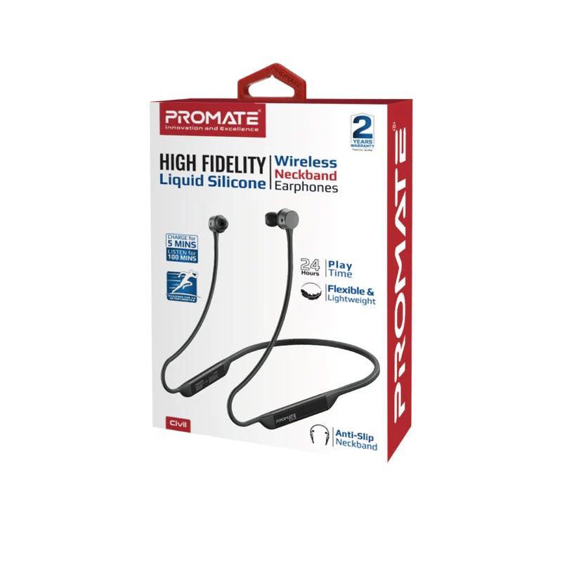 Promate Civil High-Fidelity Liquid Silicone Wireless Neckband Earphones with 24 hrs Playback