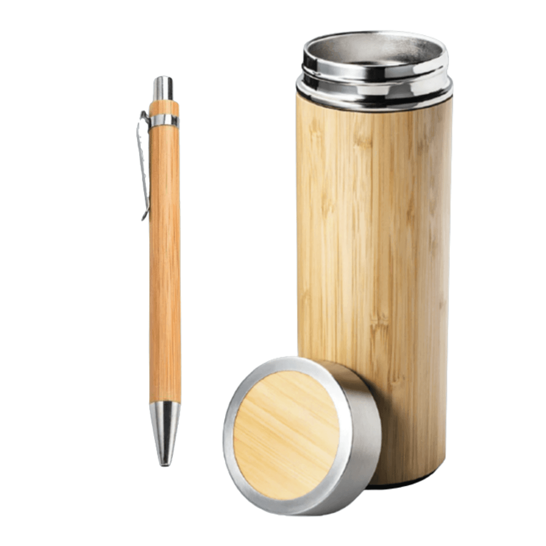 Delta Corporate Gift Set | Bamboo Pen, 500ml Bamboo Tumbler & Branded Corrugated Box