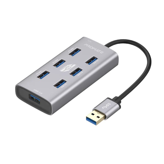 Promate EzHub-7 Aluminium Alloy Powered USB Hub with 7 USB 3.0 Ports, USB-C Adaptor, and 5Gbps Transfer Rate